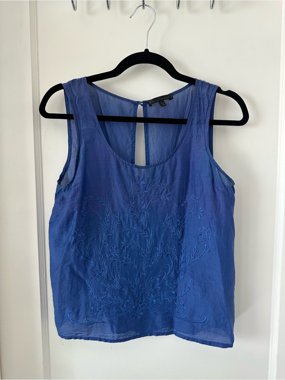 Blue Embroidered Silk/Cotton Blend Tank